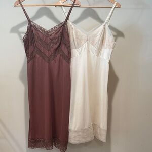 Elegant Vintage Lace Trim Slip Dress Set - Cream and Brown